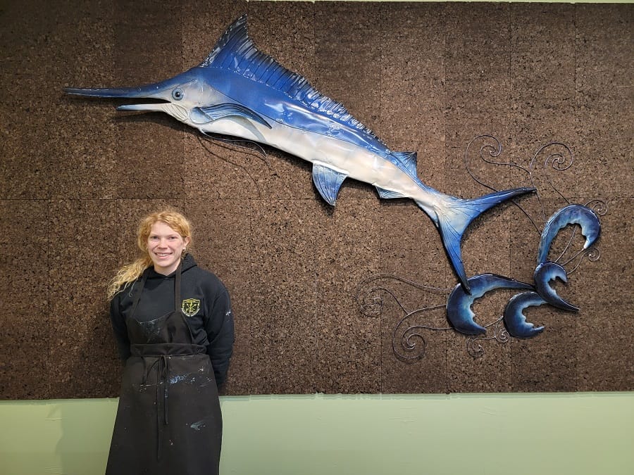 Marlin fish sculpture with Lydia
